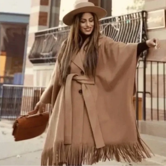 Express Fringe Belted Poncho Coat Butterscotch Camel Women Size M/L $248 - Picture 2 of 11